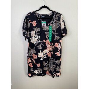 Nicole Miller Womens Floral Dress Black Short Sleeve XL Linen Blend NEW